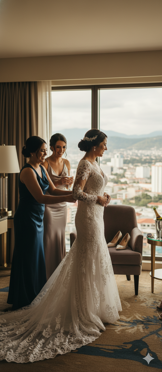Novia preparándose en un hotel de lujo en San José